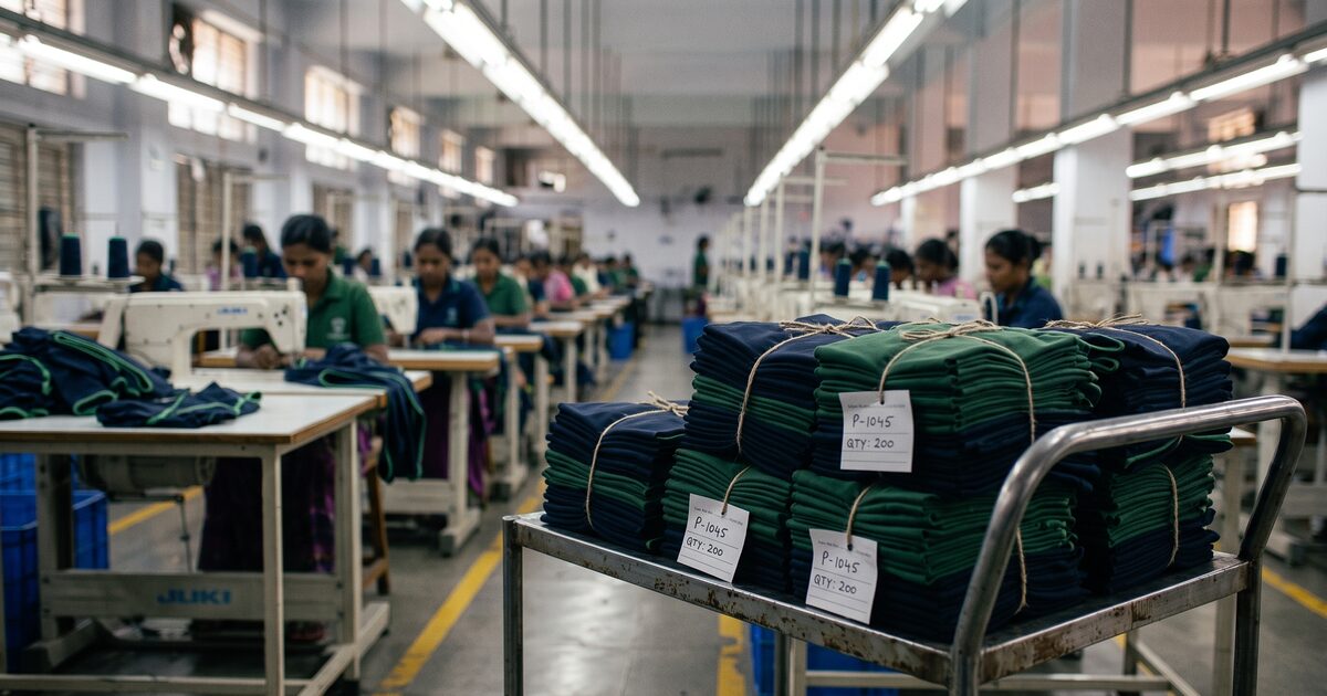 Tied bundles of cut garment panels on a trolley, each carrying a lot and quantity ticket