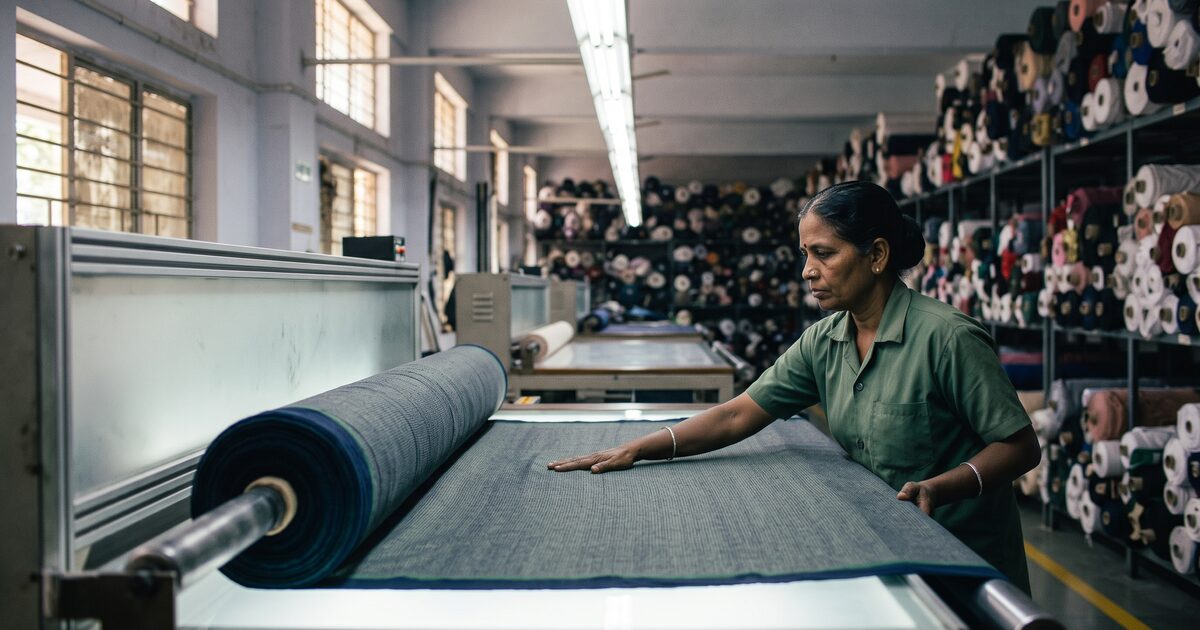Fabric roll being checked on a backlit inspection machine in a factory fabric store