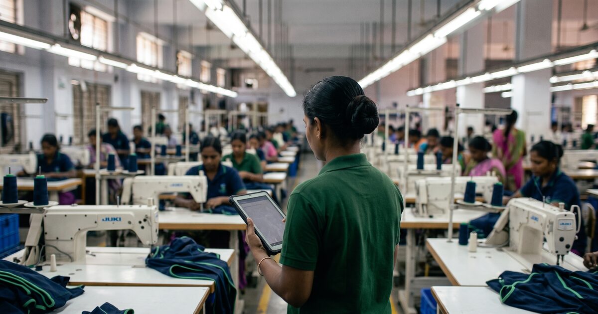 Supervisor holding a tablet while facing a working sewing line