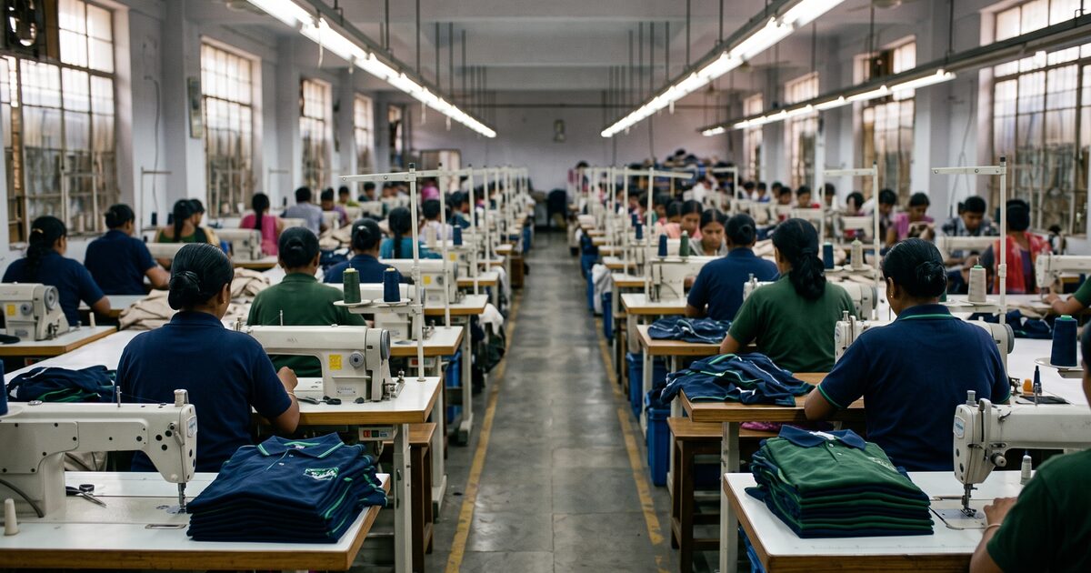 Wide view down a garment factory sewing line with two rows of machines and operators