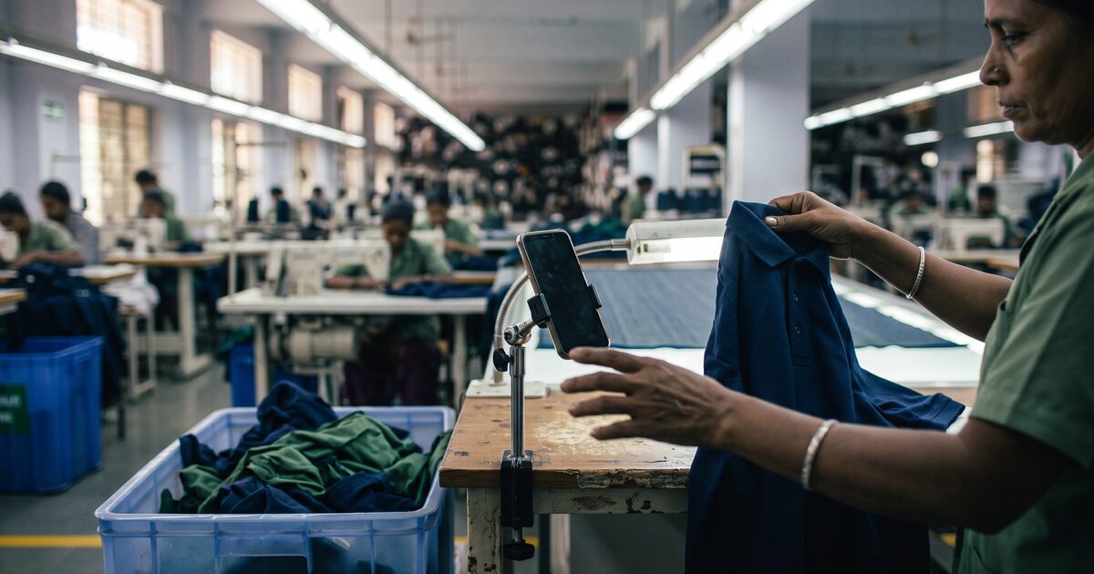 Quality checker holding a garment beside a phone mounted on a stand, reject bin alongside