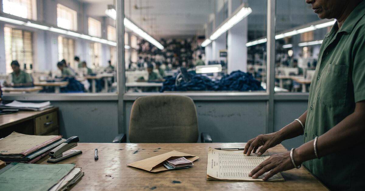 Payroll sheet and a cash envelope on a factory office desk overlooking the sewing floor