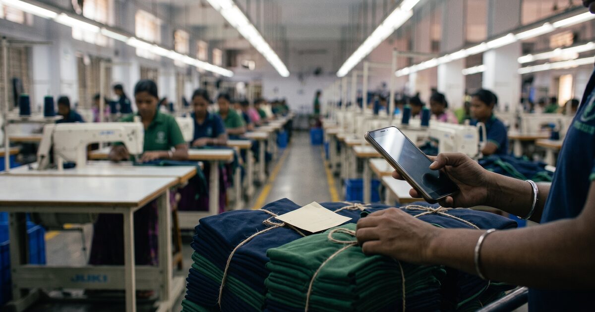 Operator scanning the label on a fabric bundle with a smartphone on the sewing floor