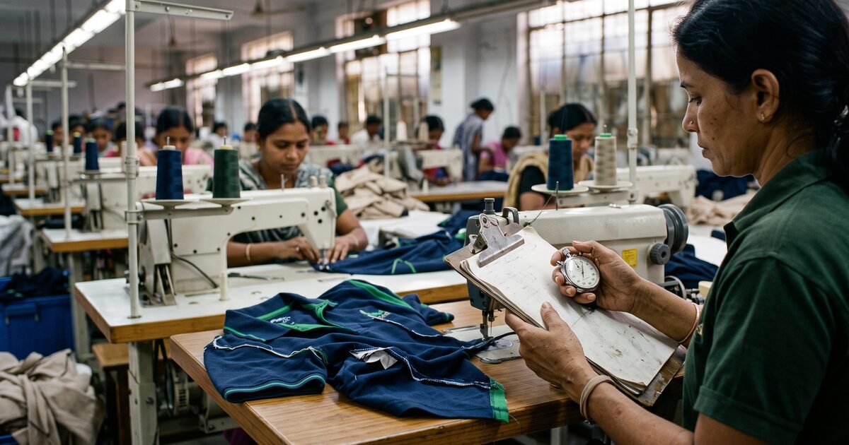Industrial engineer timing a sewing operation with a stopwatch beside a polo shirt on the machine table