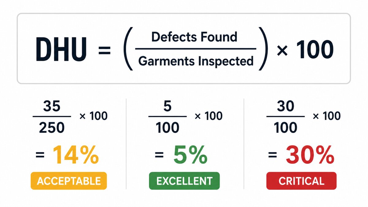 DHU formula — Defects Per Hundred Units = (Defects Found / Garments Inspected) × 100 with three worked examples