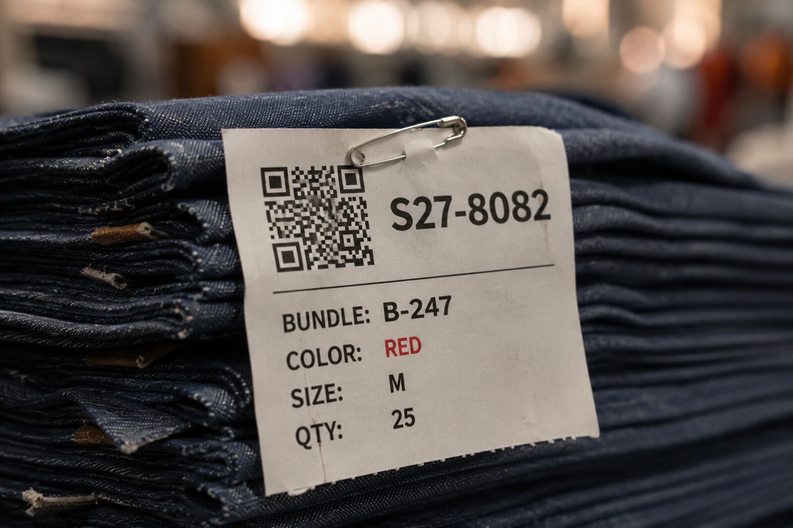 Garment bundle QR code ticket — production tracking label with lot, color, size, bundle number, and quantity